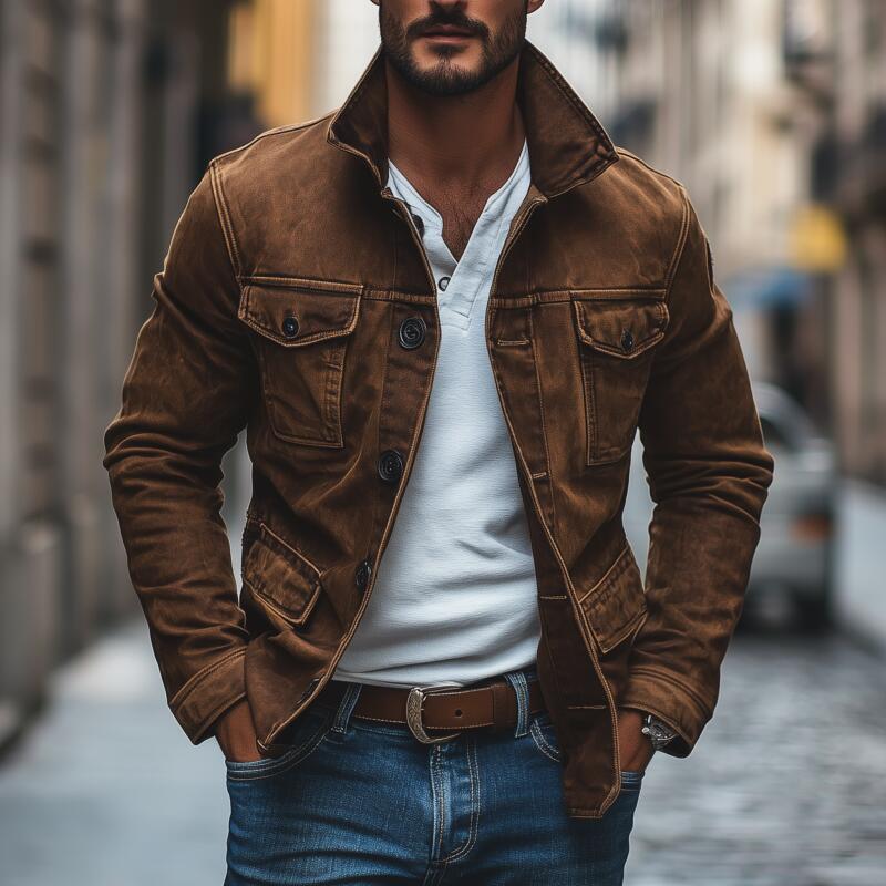 Men's Vintage Washed Distressed Denim Lapel Single-breasted Multi-pocket Caogo Jacket MTA2150H2M