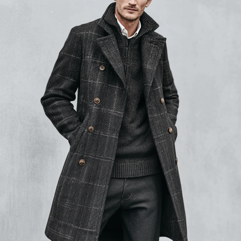Men's Faux Wool Check Lapel Double Breasted Mid-length Coat MTA1066I6Z