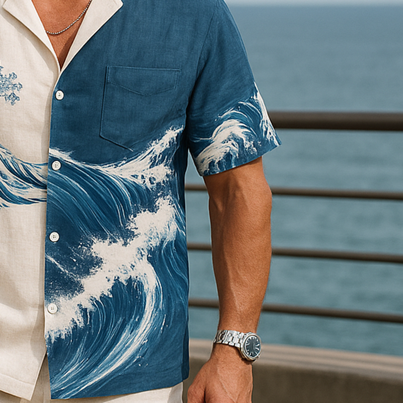 Men's Summer Fashion Wave Printed Cotton And Linen Short Sleeve Shirt MTA1062F7P