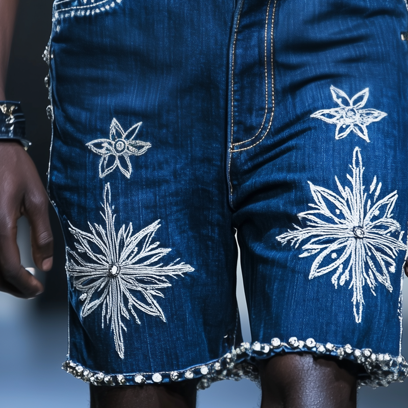 Men'S Fashion Embroidered Rhinestones Decor Straight Denim Shorts MTA0929E9Z