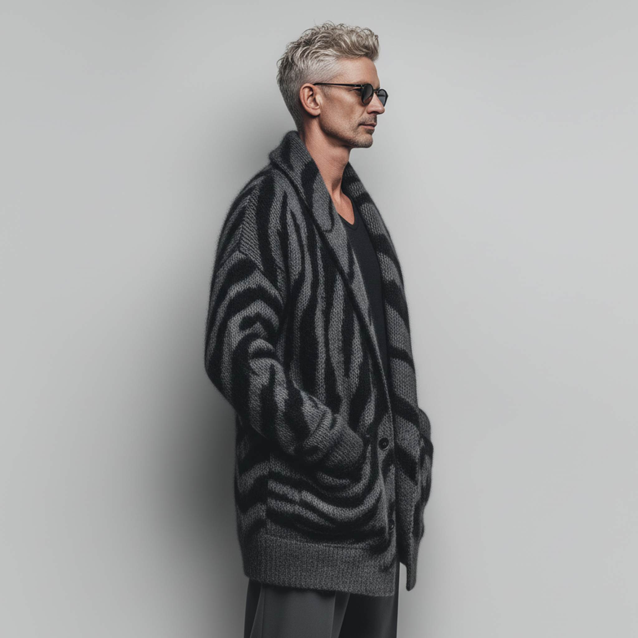 Men's Classic Fashionable Lapel Zebra Print Thigh-length Knitted Cardigan MTA1721J0K