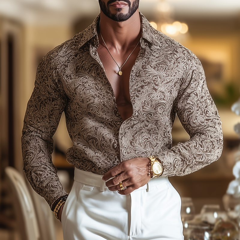 Men's Vintage Print Lapel Long Sleeve Shirt MTA1198H6Z