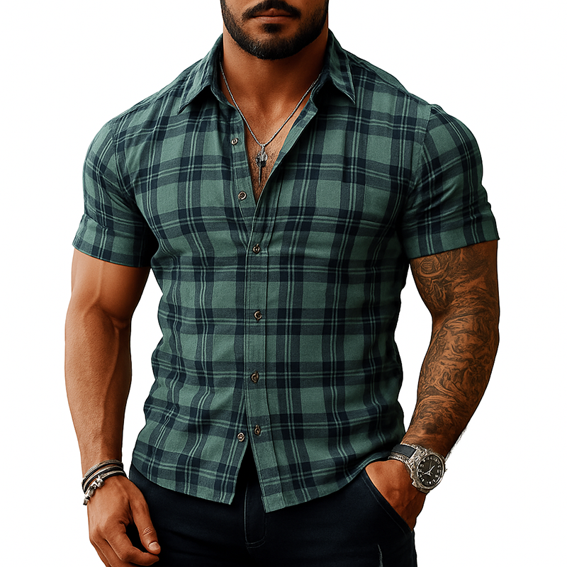 Men's Check Print Short Sleeve Lapel Shirt MTA2255G2X