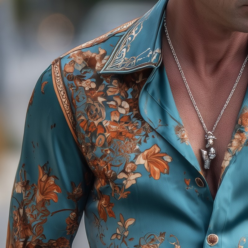 Men's Vintage Floral Print Satin Long Sleeve Shirt MTA2289H4U