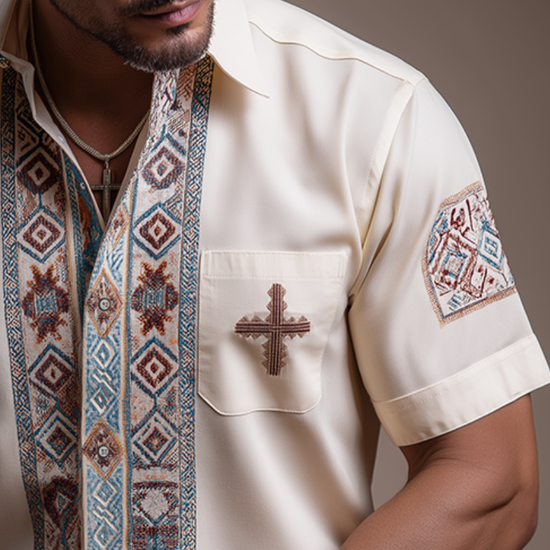 Men's Retro Casual Ethnic Style Geometric Print Lapel Short Sleeve Shirt MTA3111G0TO