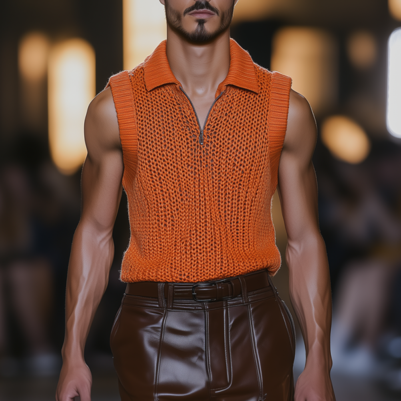 Men's Casual Solid Color Lapel Zipper Slim Fit Breathable Knit Tank Top MTA0478F7M