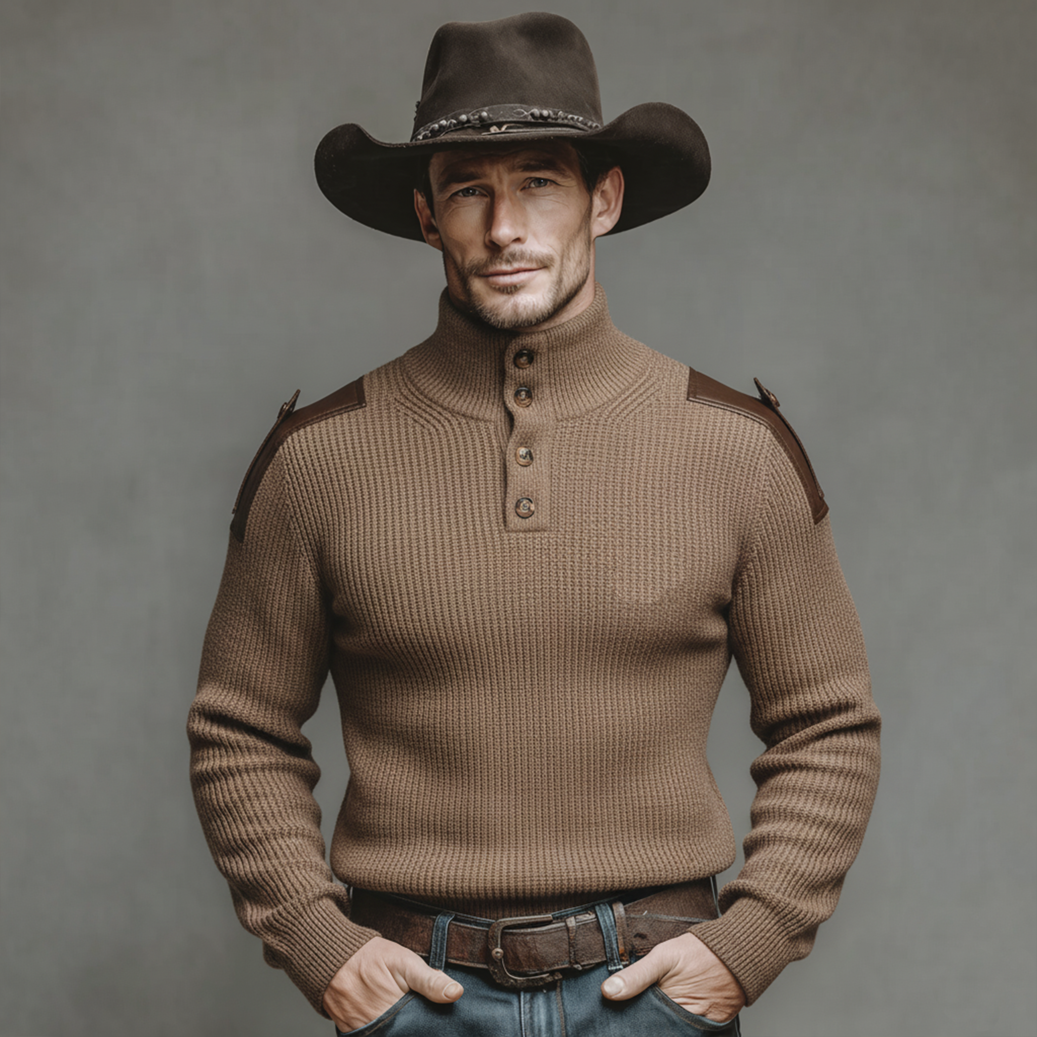 Men's Classic Retro Western Style PU Leather Epaulette Stand Collar Slim Fit Sweater MTA3037K3K