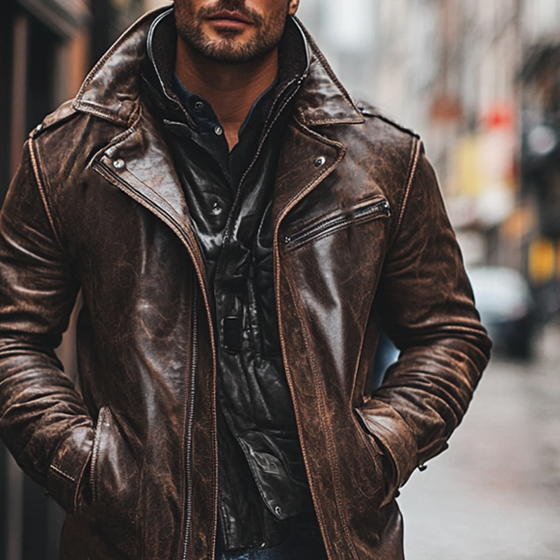 Men's Retro PU Collar Mid-Length Leather Coat MTA0583K6X