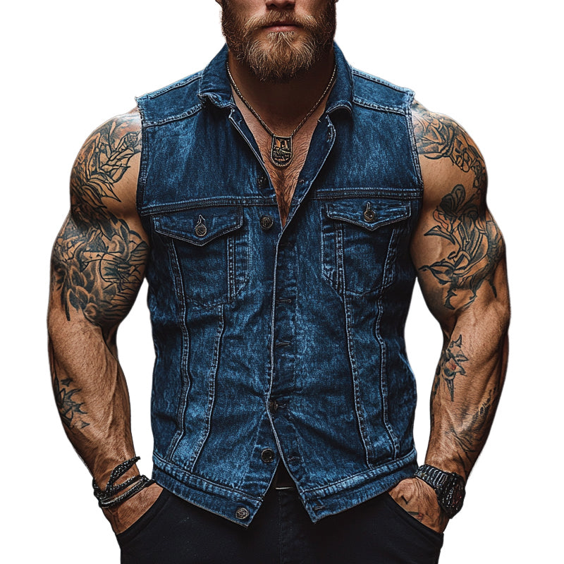 Men'S Vintage Distressed Lapel Single Breasted Denim Vest MTA0870E8X