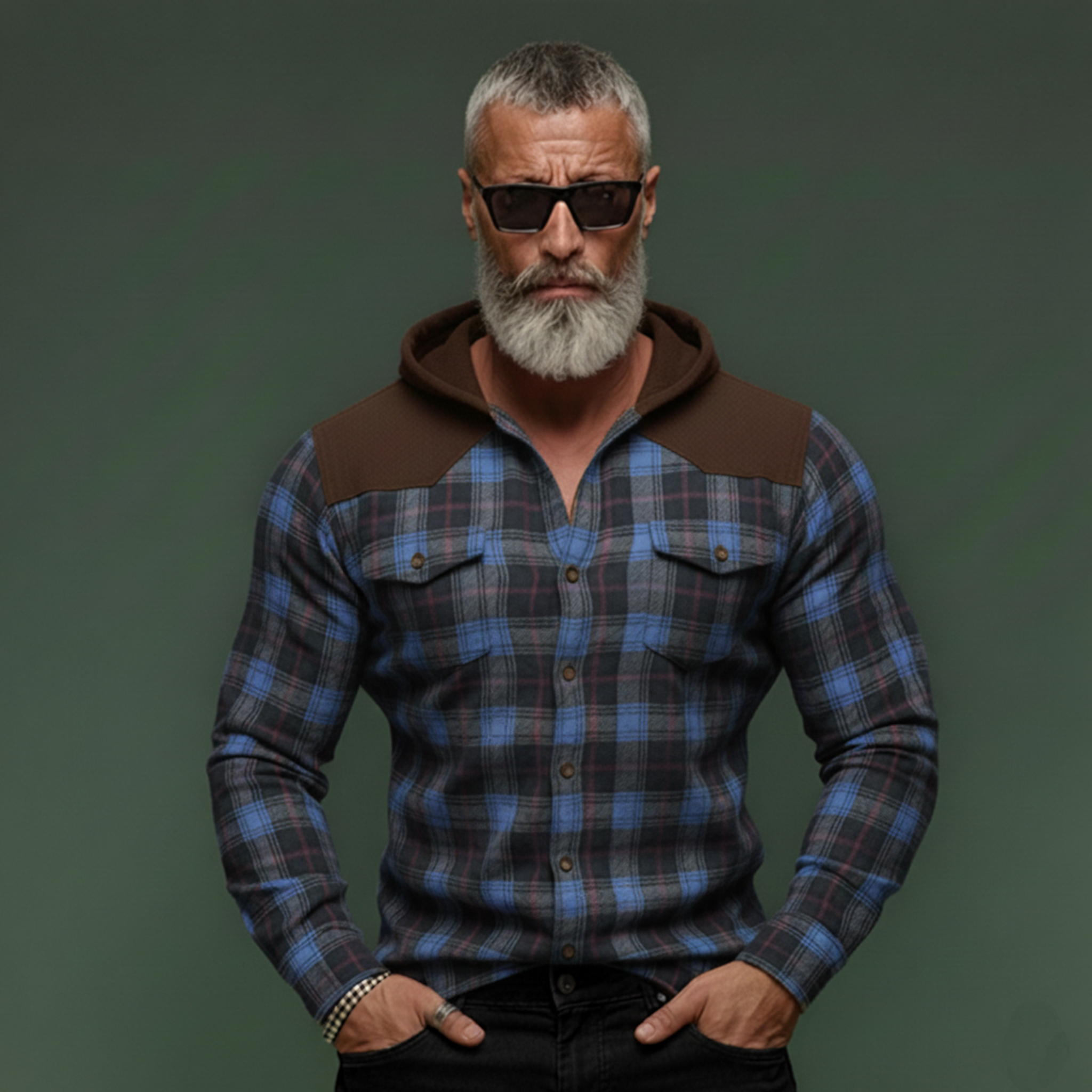 Men's Casual Rugged Style Patchwork Faux Suede Hooded Plaid Brushed Long-Sleeve Shirt MTA1313K7K