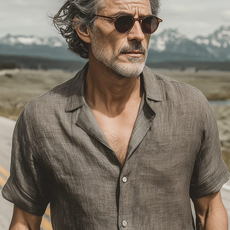 Men's Spring And Summer Classic Casual Cotton And Linen Mixed Color Texture Breathable Short-sleeved Shirt MTA1126G5K