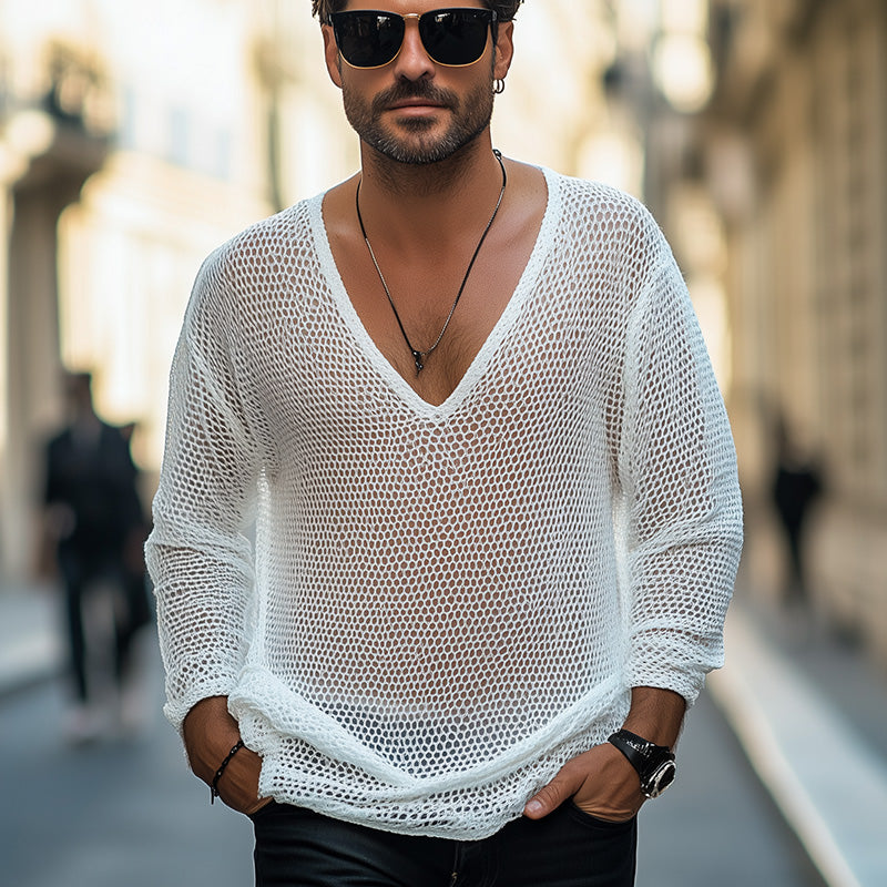 Men's Summer Fashion Breathable Hollow Knitted Mesh Long Sleeve T-shirt MTA2479E7P