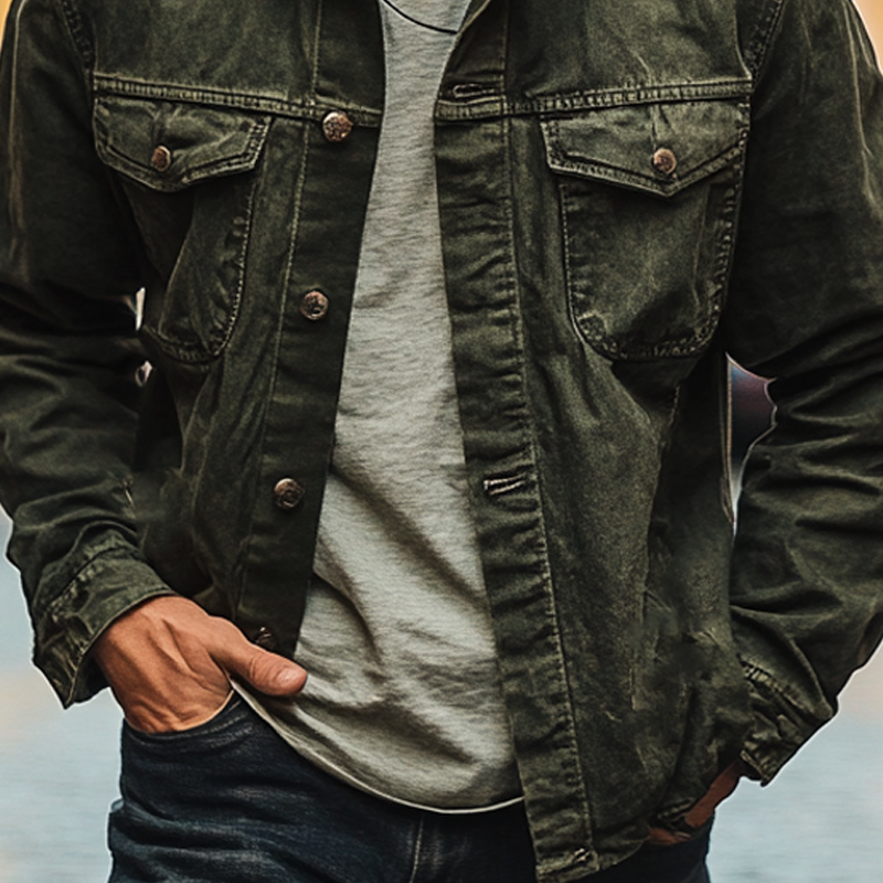 Men's Vintage Solid Color Washed Lapel Western Style Denim Jacket MTA1398I9X