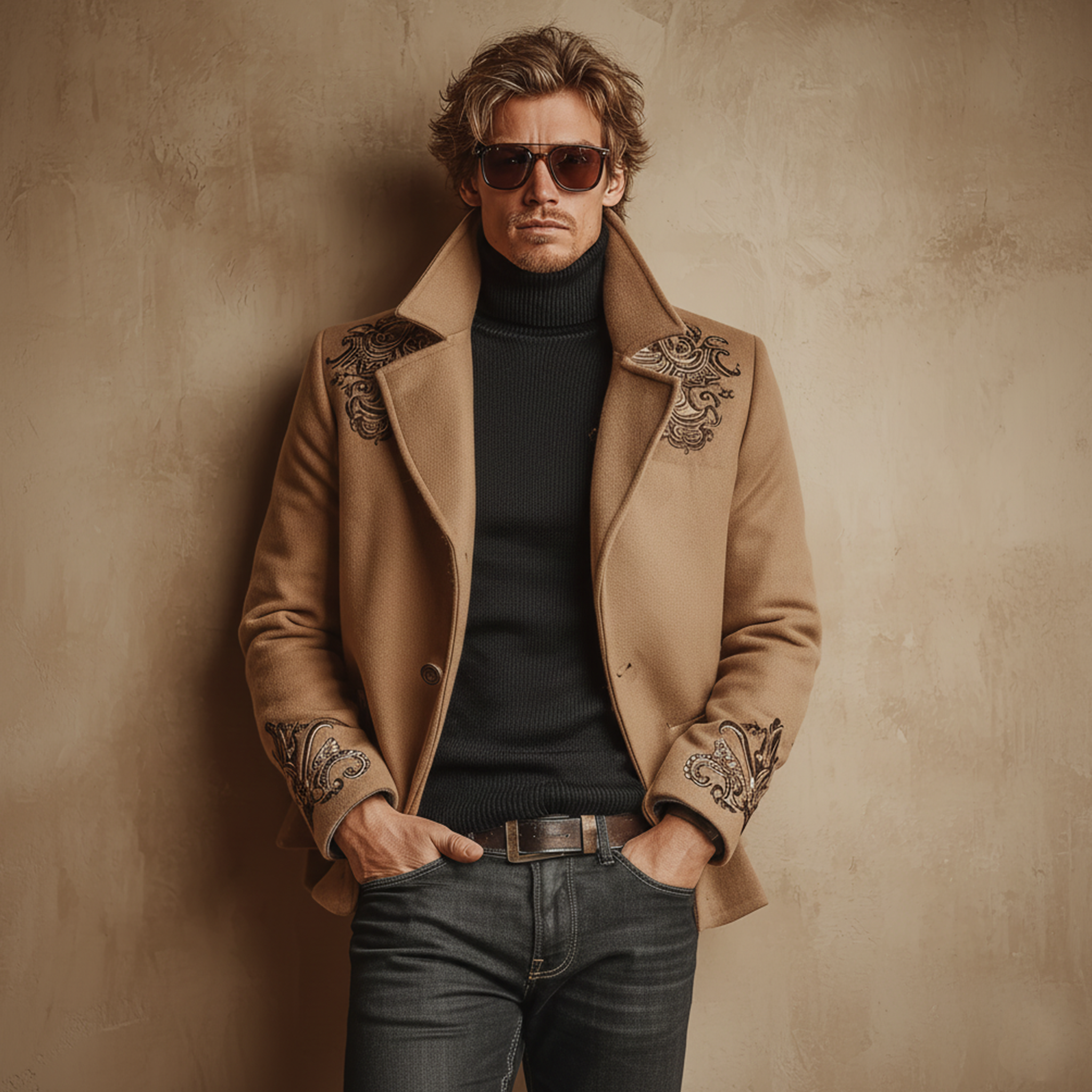 Men's Classic Retro Lapel Embroidered Faux Wool Jacket MTA0663K9K