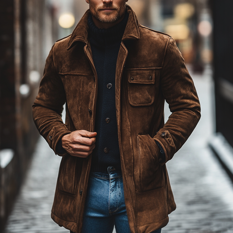 Men's Retro Solid Color Lapel Faux Suede Mid-Length Coat MTA0536K2X