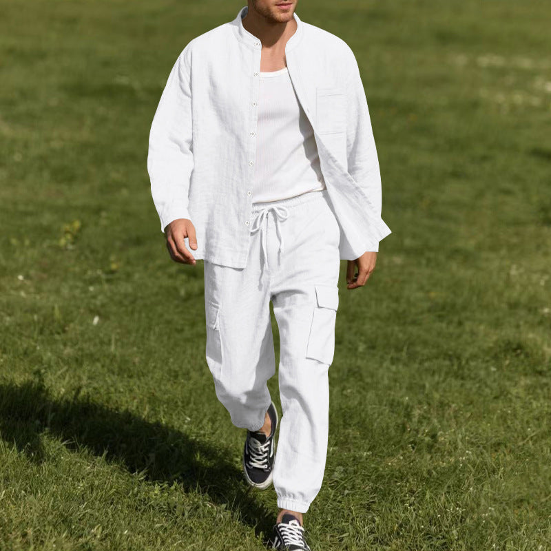 Men's Casual Cotton And Linen Long-Sleeved Trousers Two-Piece Set MTA0653E1X