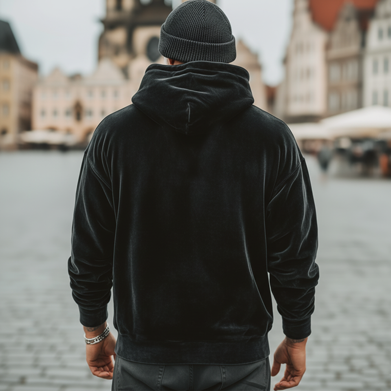 Men's Classic Minimalist Black Velvet Hooded Sweatshirt MTA2912L3U