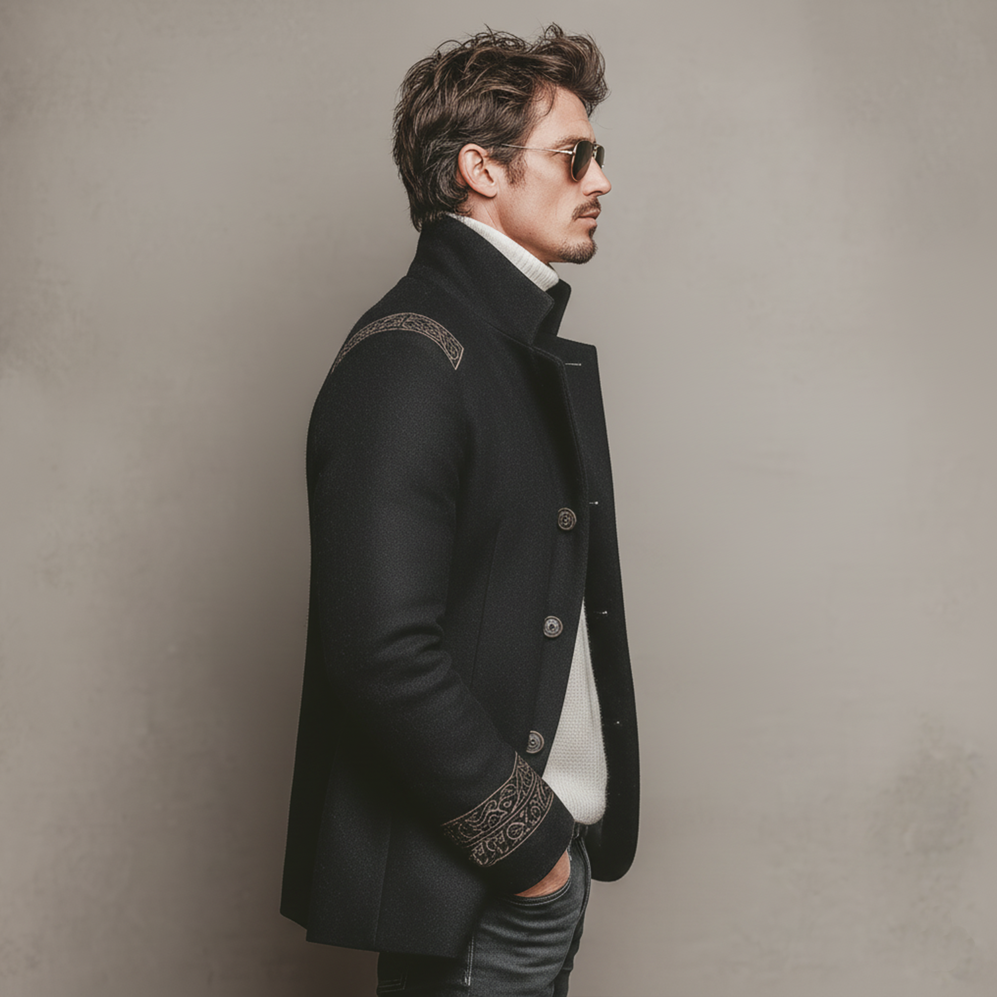 Men's Classic Retro Stand-up Collar Embroidered Faux Wool Jacket MTA0692K2K