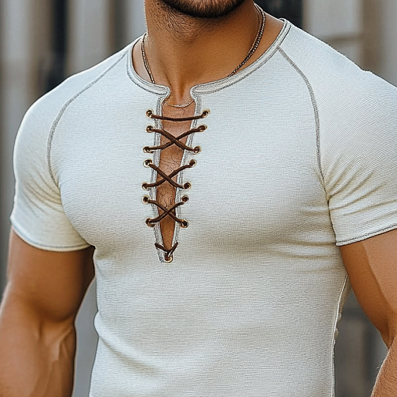 Men's Lace-up Slim Fit Solid Color Waffle Short Sleeve T-Shirt MTA2294E2X