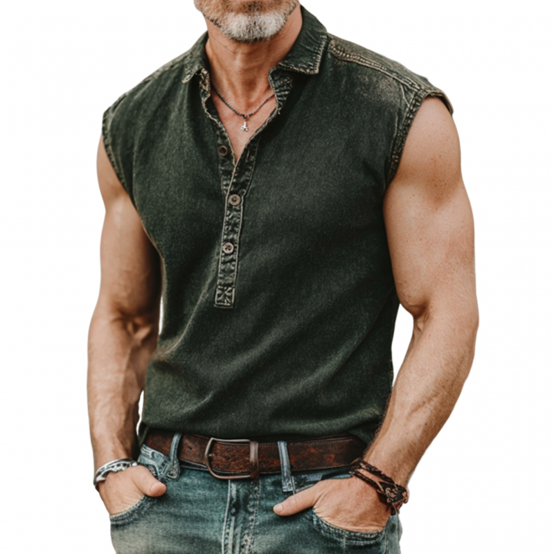 Men's Casual Outdoor Denim Washed Distressed Lapel Button Down Sleeveless Polo Shirt MTA2580F3M