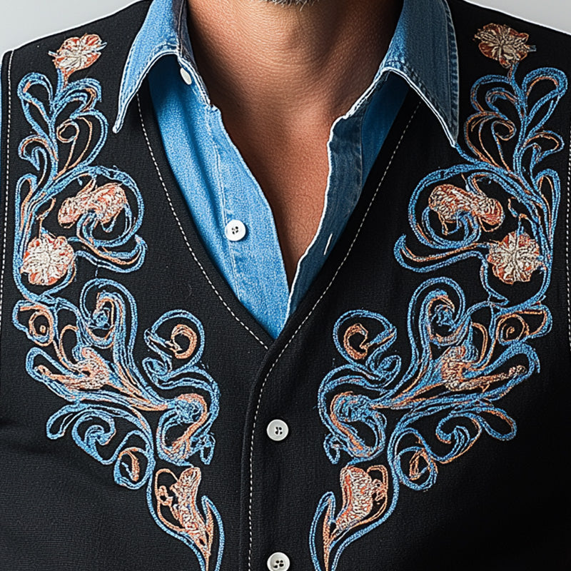 Men's Summer Western Cowboy Style Embroidered Thin Denim Vest MTA1472E2P