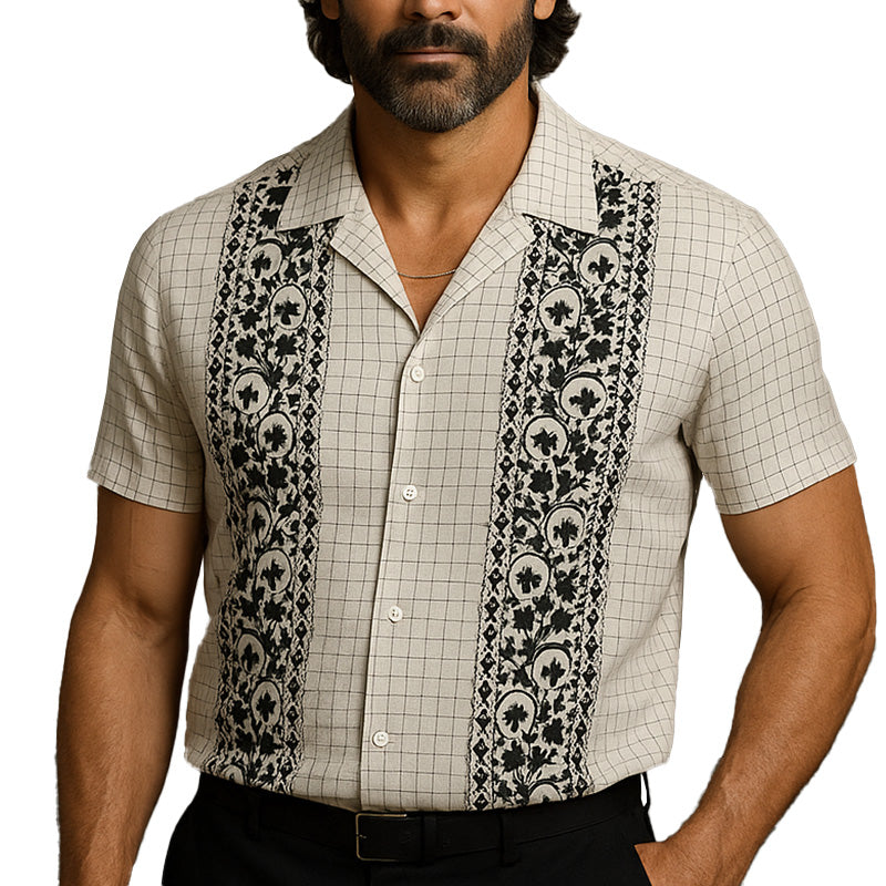 Men's Summer Fashion Embroidered Check Linen Short Sleeve Shirt MTA2813E3P