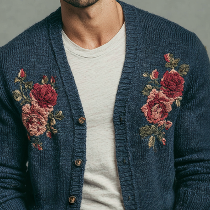 Men's Retro Casual Knitted Floral Embroidered Button Cardigan MTA2838K2TO