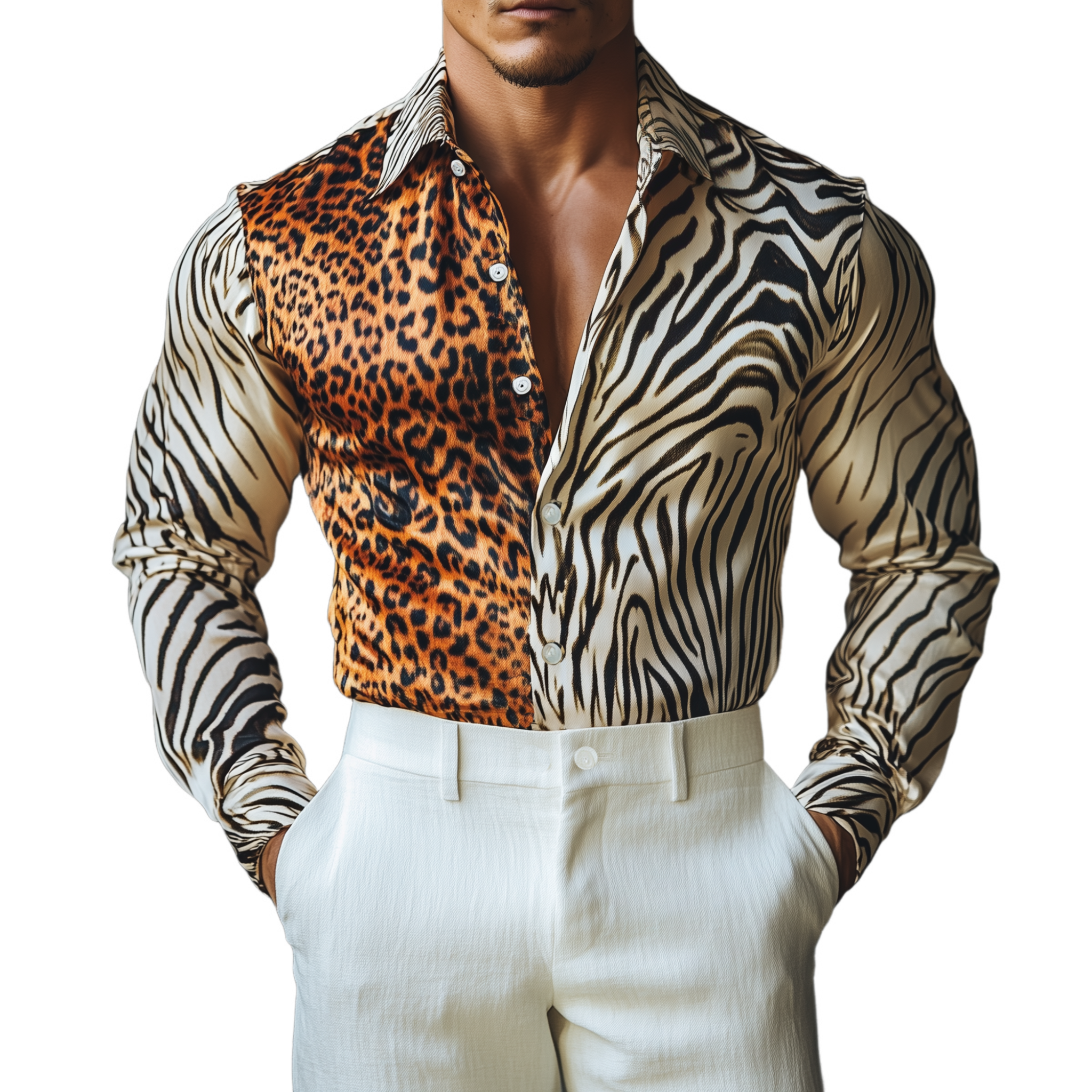Men's Stylish Casual Satin Leopard And Zebra Print Slim Fit Long Sleeve Shirt MTA2490G7K