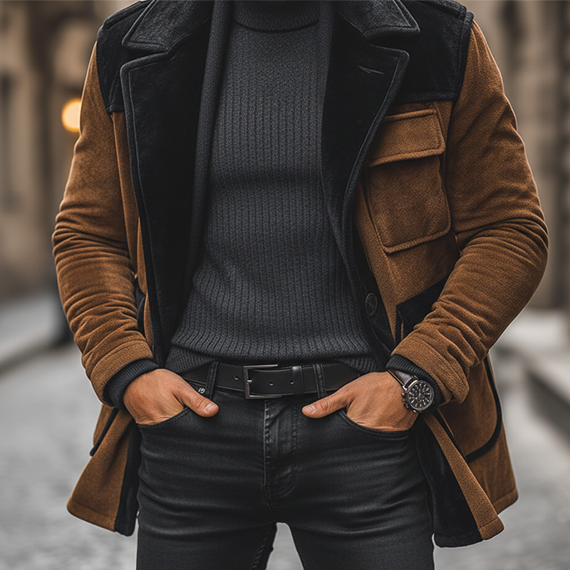 Men's Winter Retro Velvet Color Block Button Jacket MTA2773K6P