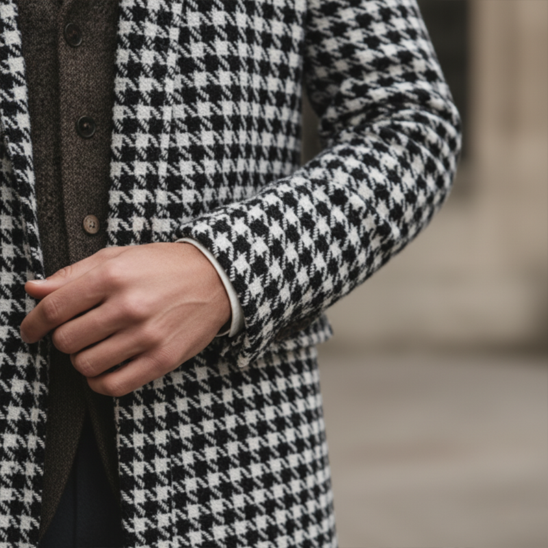 Men's Winter Fashion Houndstooth Cotton Knitted Mid-Length Cardigan MTA1633J9P