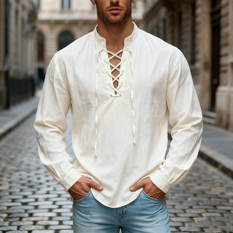 Men's Solid Color Cotton Stand Collar Tie Long-sleeved Shirt MTA2962J9X