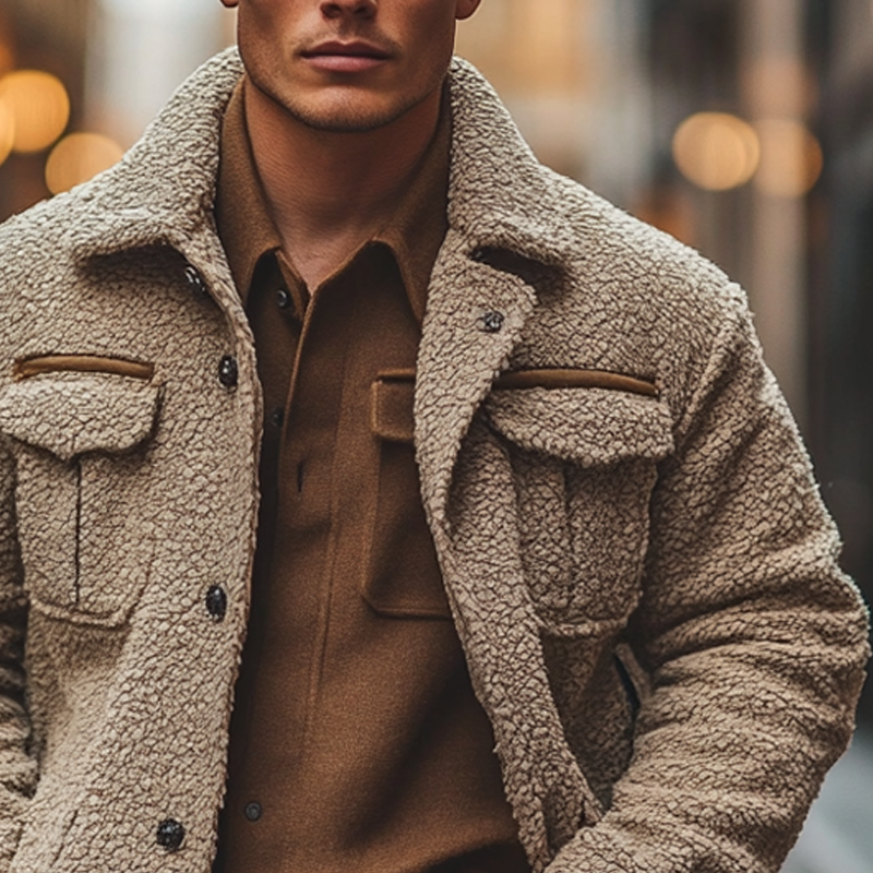 Men's Solid Color Polar Fleece Lapel Single-breasted Jacket MTA2257I9X