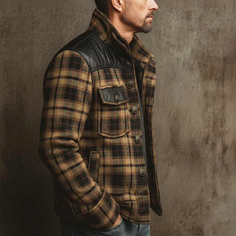 Men's Urban Plaid Faux Wool Blend And PU Leather Patchwork Stand-collar Jacket MTA2548K5U