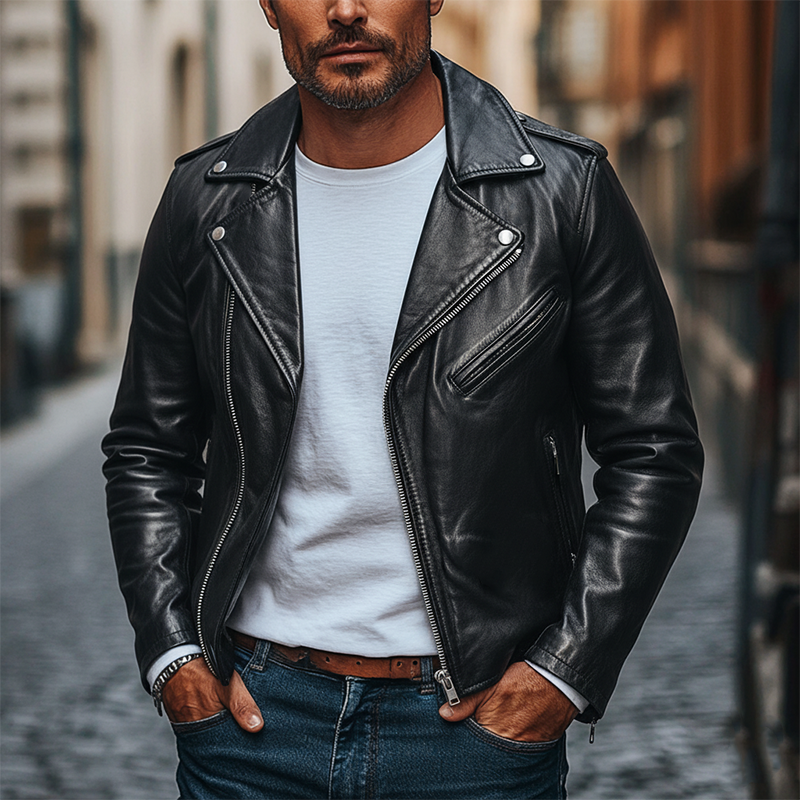 Men's Solid Color Slim Fit Lapel Motorcycle Style PU Zip-up Jacket MTA0520L7X