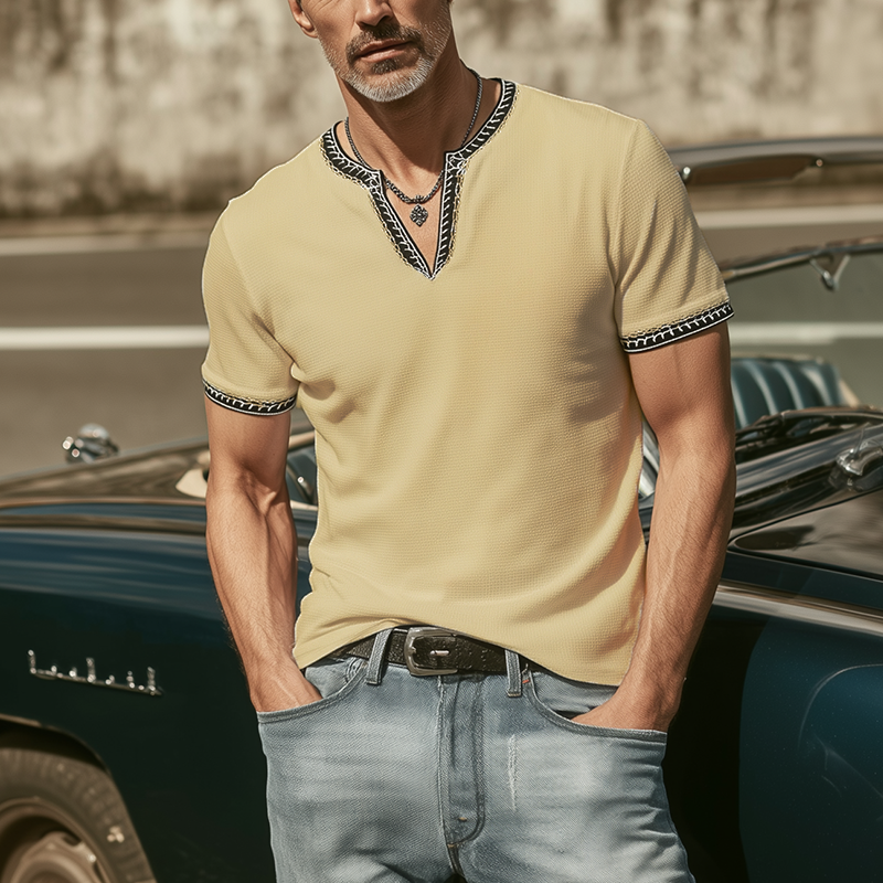 Men's Classic Casual V-neck Slim Fit Waffle Embroidery Short Sleeve T-shirt MTA0371G6K