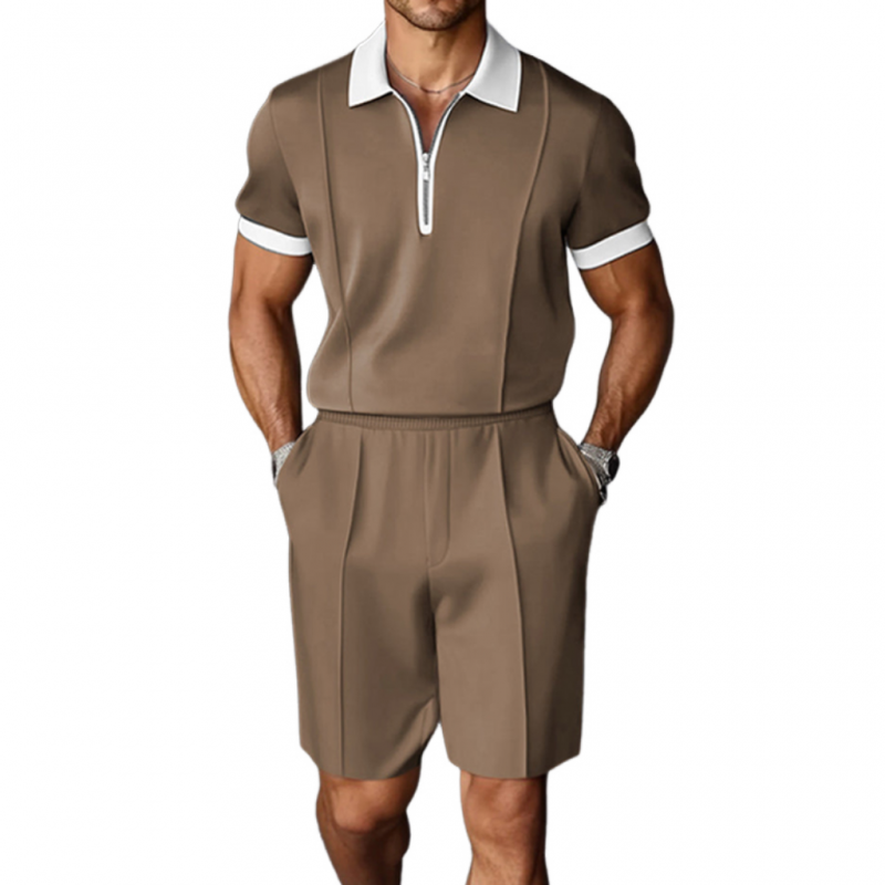 Men's Casual Breathable Cotton Colorblock Zipper Lapel Short Sleeve Polo Shirt Elastic Waist Shorts Set MTA2620E8M