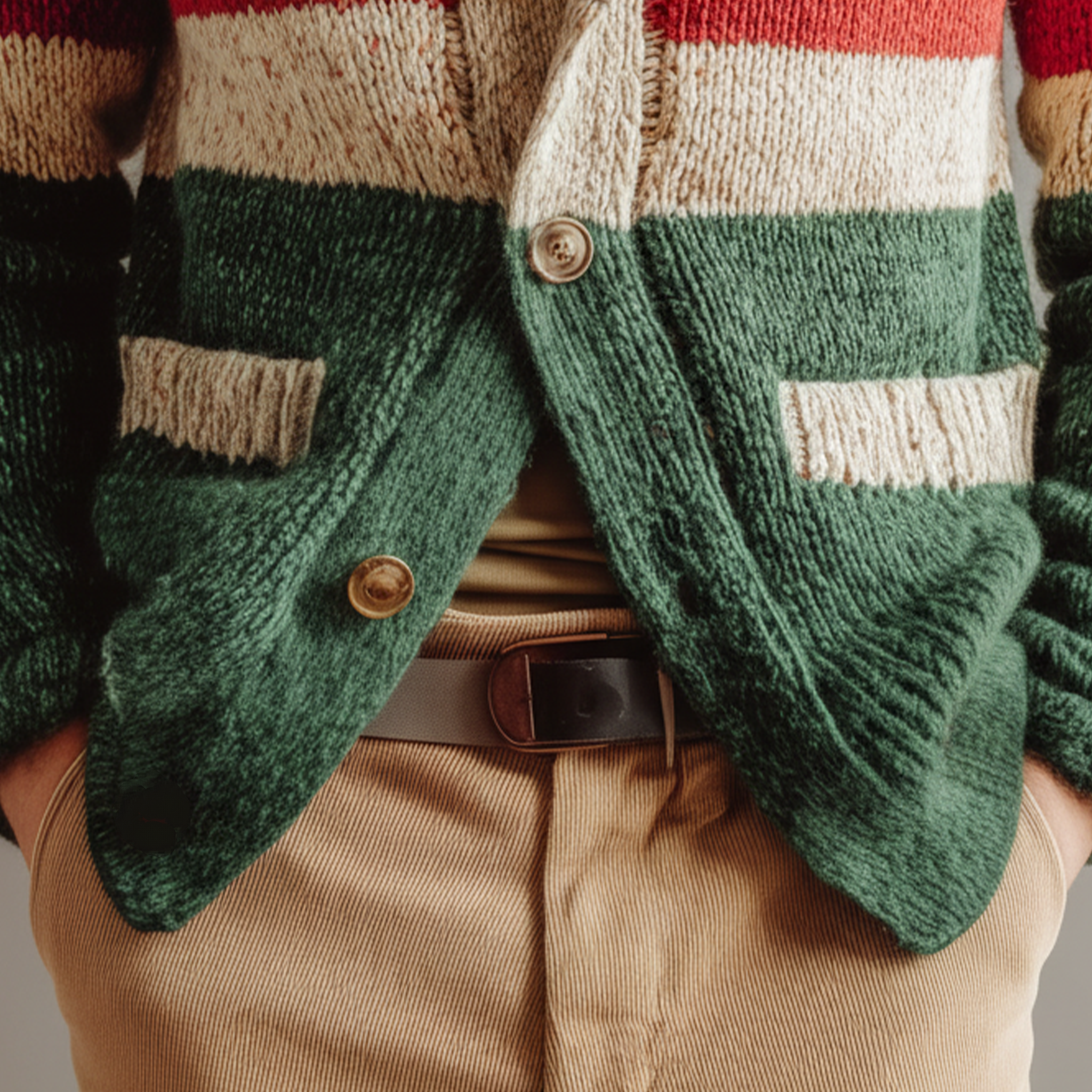 Men's Classic Casual Christmas Party Red And Green Horizontal Striped Cardigan MTA2968I8K