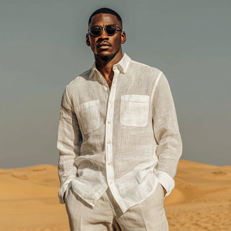 Men's Casual Solid Color Breathable Linen Lapel Patch Pocket Loose Long Sleeve Shirt MTA0457G4M