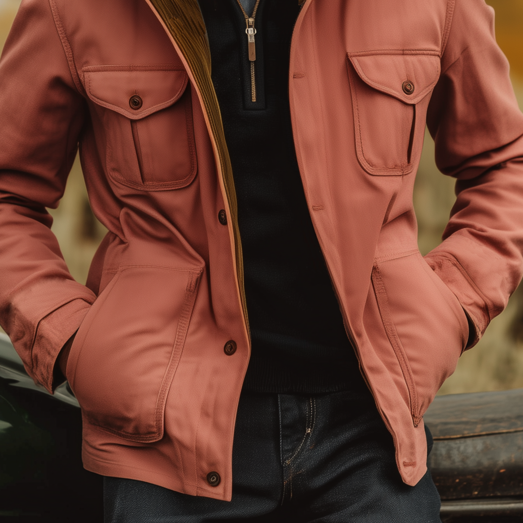 Men's Classic Western Retro Style Stand Collar Multi-pocket Pink Cotton Blend Jacket MTA0520I2K