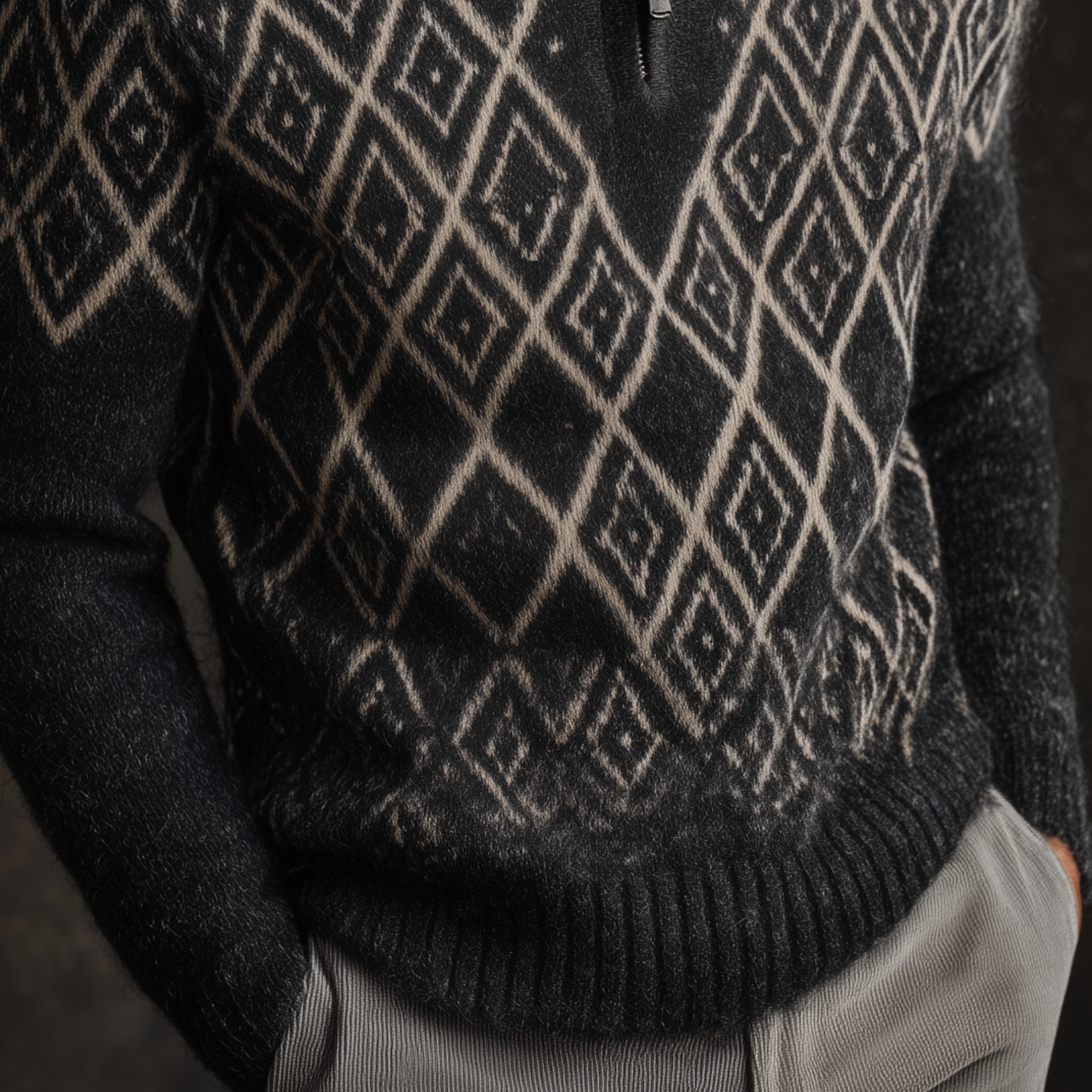 Men's Classic American Retro Stand Collar Zipper Jacquard Pattern Sweater MTA0417I8K