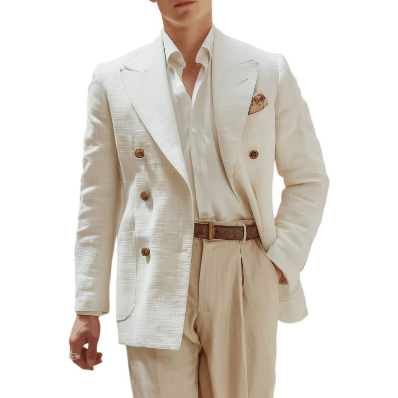 Men's Vintage Elegant Solid Color Cotton Linen Textured Fabric Peak Lapel Double-breasted Slim-fit Blazer MTA2833G4M