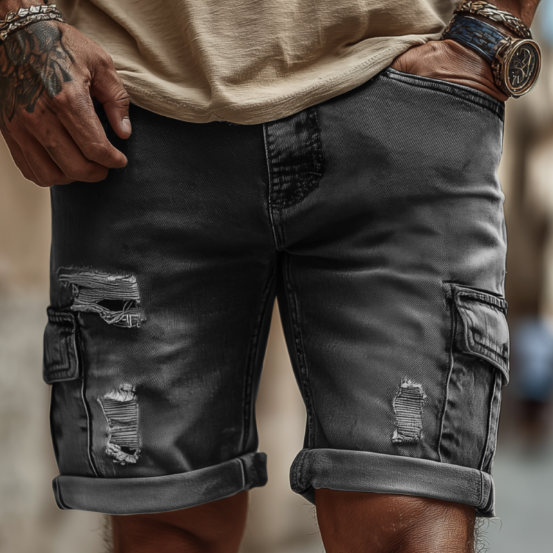 Men's Casual Outdoor Denim Washed Ripped Multi-pocket Slim Shorts MTA2421F1M