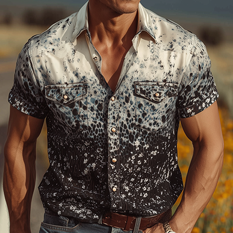 Men's Spring And Summer Fashion Casual Satin Art Gradient Print Slim Fit Short Sleeve Shirt MTA0804G7K