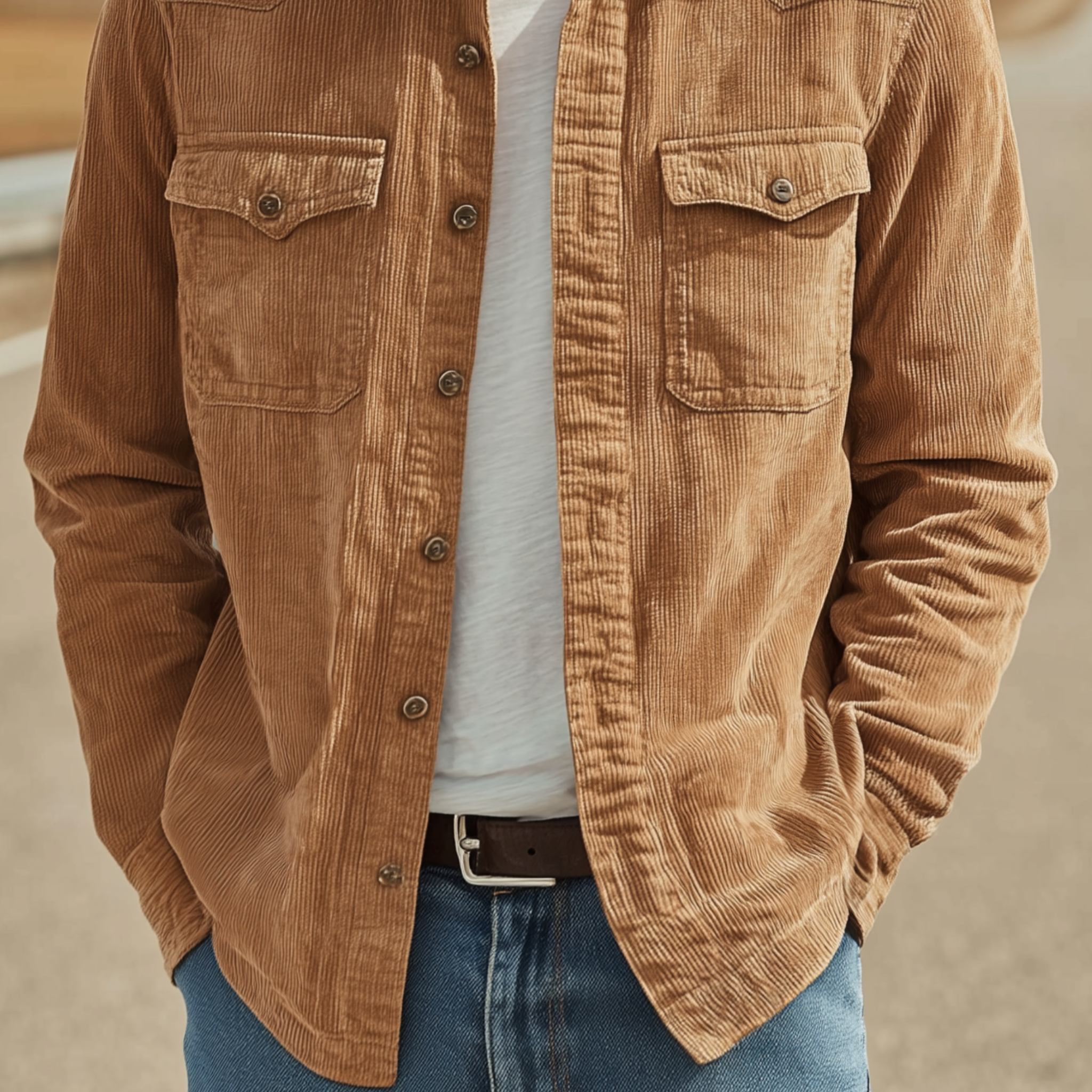 Men's Classic Casual Thin Corduroy Solid Color Multi-Pocket Long Sleeve Shirt MTA1882G9K
