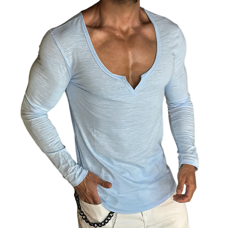 Men's Retro Casual Round V-Neck Long-Sleeve T-Shirt MTZ0542B5TO