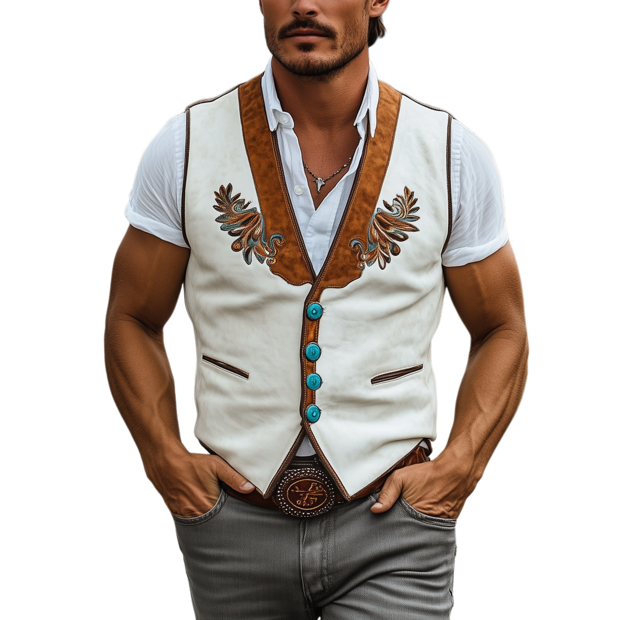 Men's Classic Casual Western Cowboy Style Embroidered Thin Suede Patchwork Slim Fit Vest MTA2206G6K