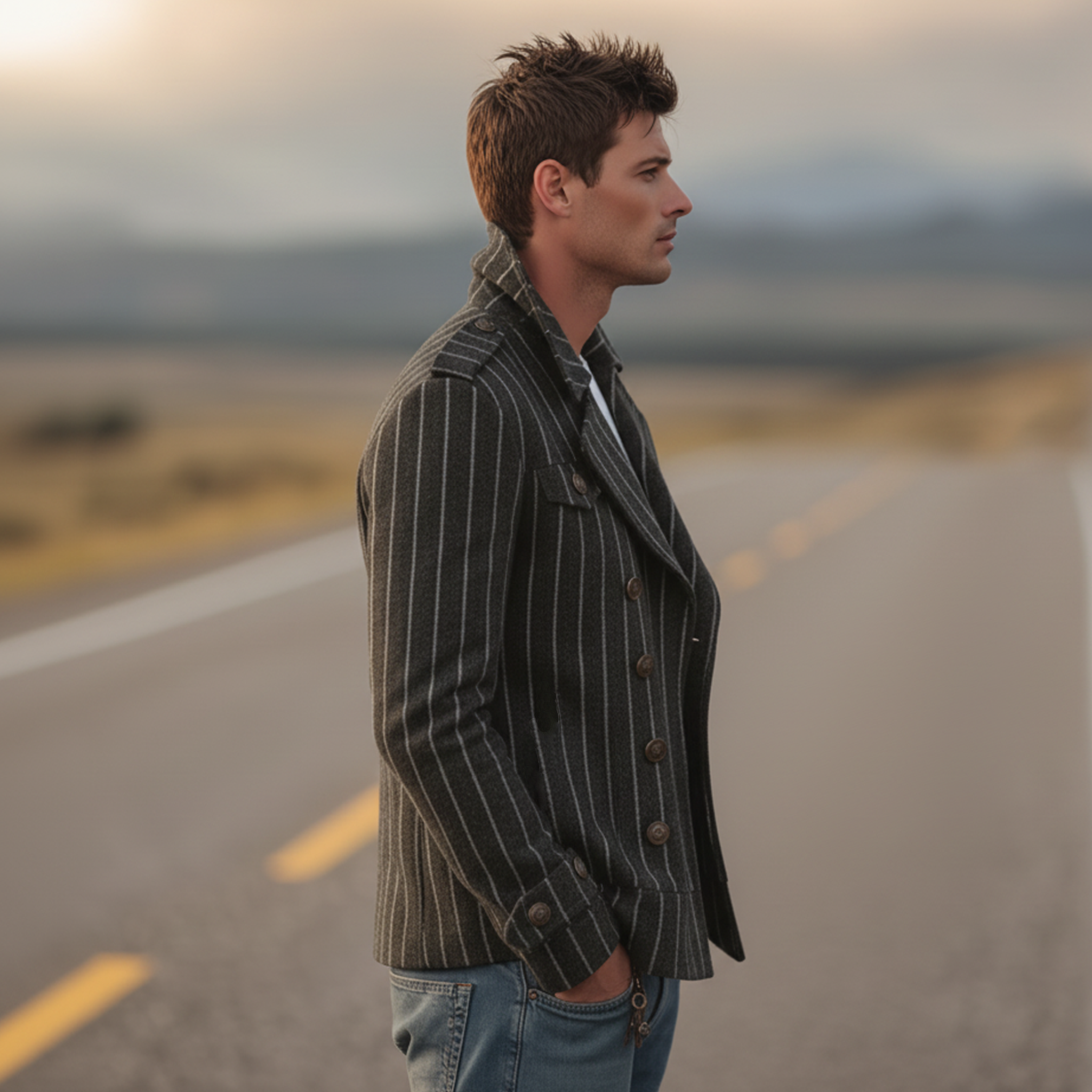 Men's Classic Retro Lapel Vertical Striped Faux Wool Double-breasted Jacket MTA2875I2K