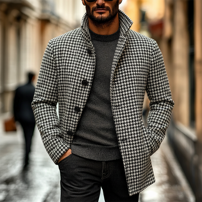 Men's Houndstooth Lapel Button-down Mid-length Coat MTA0101K1X