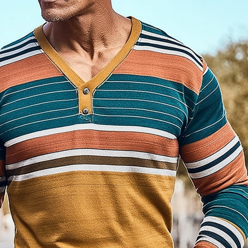 Men's Color Block Striped V-Neck Long-Sleeve T-Shirt MTA3054K4X