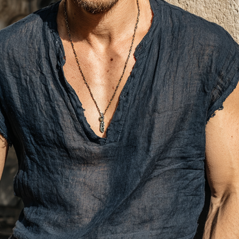 Men's Solid Color Cotton And Linen V-neck Tank Top MTA0250G3X